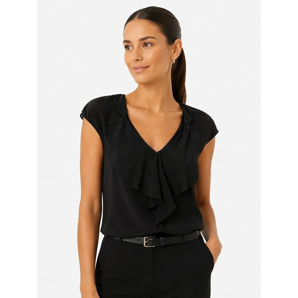 Milly Black Silk Ruffle Front V-Neck Cap Sleeve Classic Blouse Top 12 L